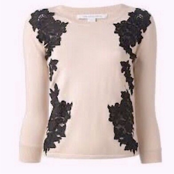 Diane von Furstenberg Lace Appliqué Wool blend Sweater Sz Medium - Picture 2 of 9